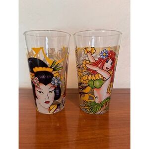 Vintage Y2k Ed Hardy 2 Pint Glasses Geisha Pinup Girl Tiger Tattoo Art Tumblers